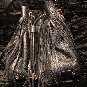 Milly Black Leather Fringe Bucket Bag